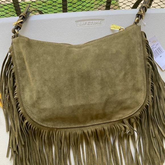 Michael Kors Dakota Olive Green Suede Leather Saddle Bag Long Fringe Gold Studs - Picture 9 of 17